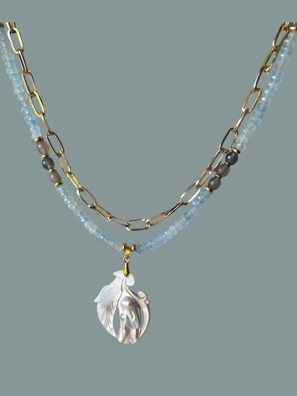 Carved Shell Pendant Necklace Aquamarine Chalcedony